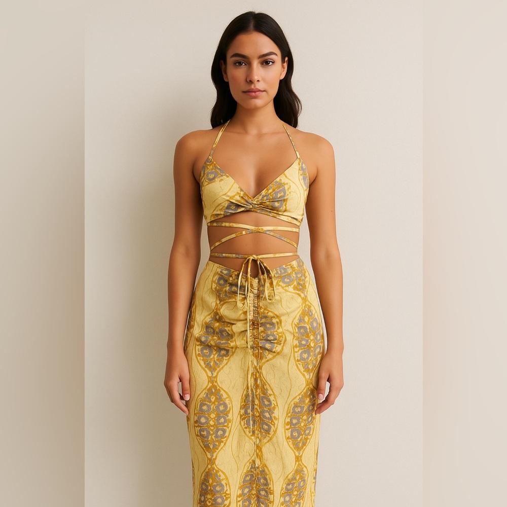 139. MESHKI 2-Piece Paisley Set – Afra Ruched Midi Skirt + Ramona Wrap Crop Top.